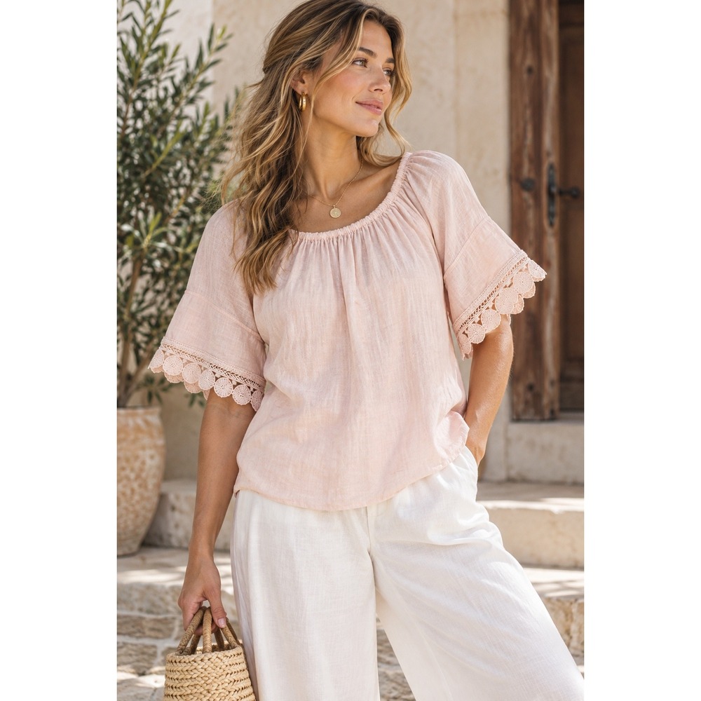 Terzo Millennio Made in Italy Pink Linen Crochet Lace Trim Bell Sleeve Top M/L